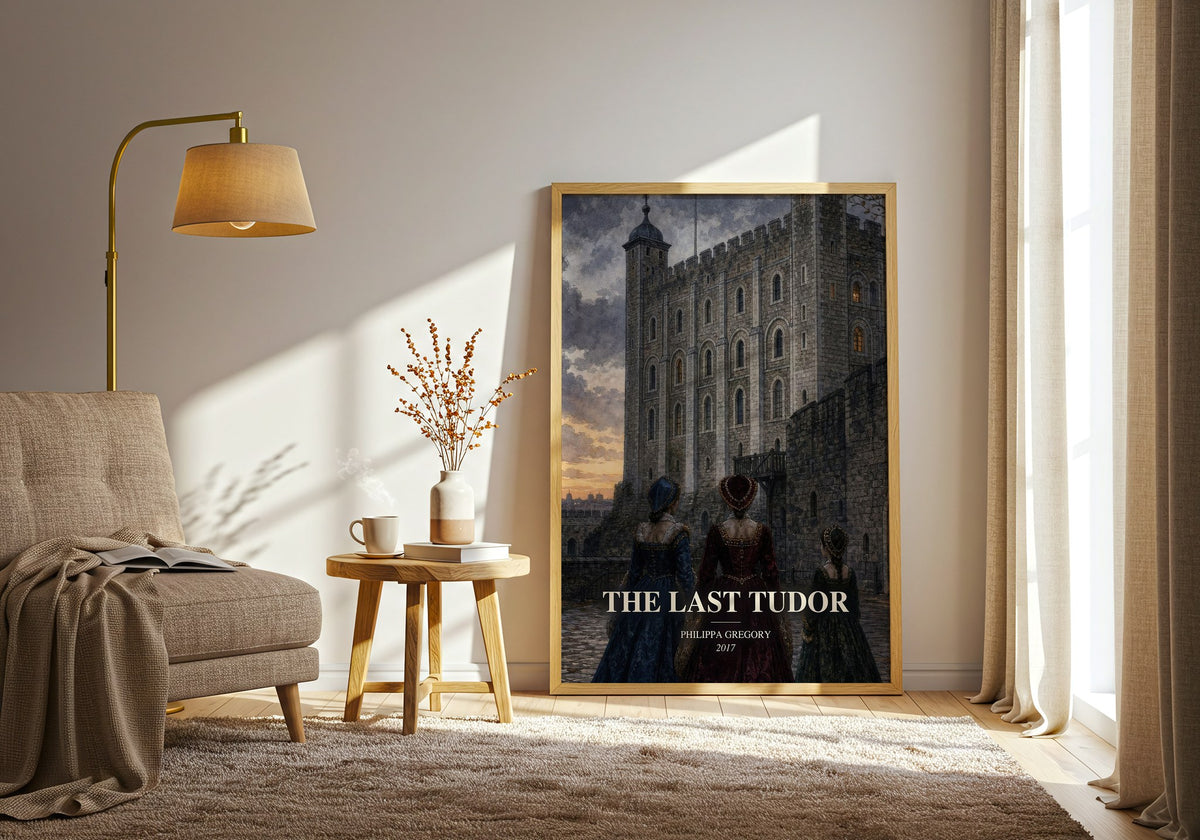 The Last Tudor watercolour print in frame leaning in hallway – historical fiction wall art (mockup)