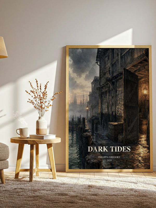Dark Tides watercolour print in frame leaning in hallway – historical fiction wall art