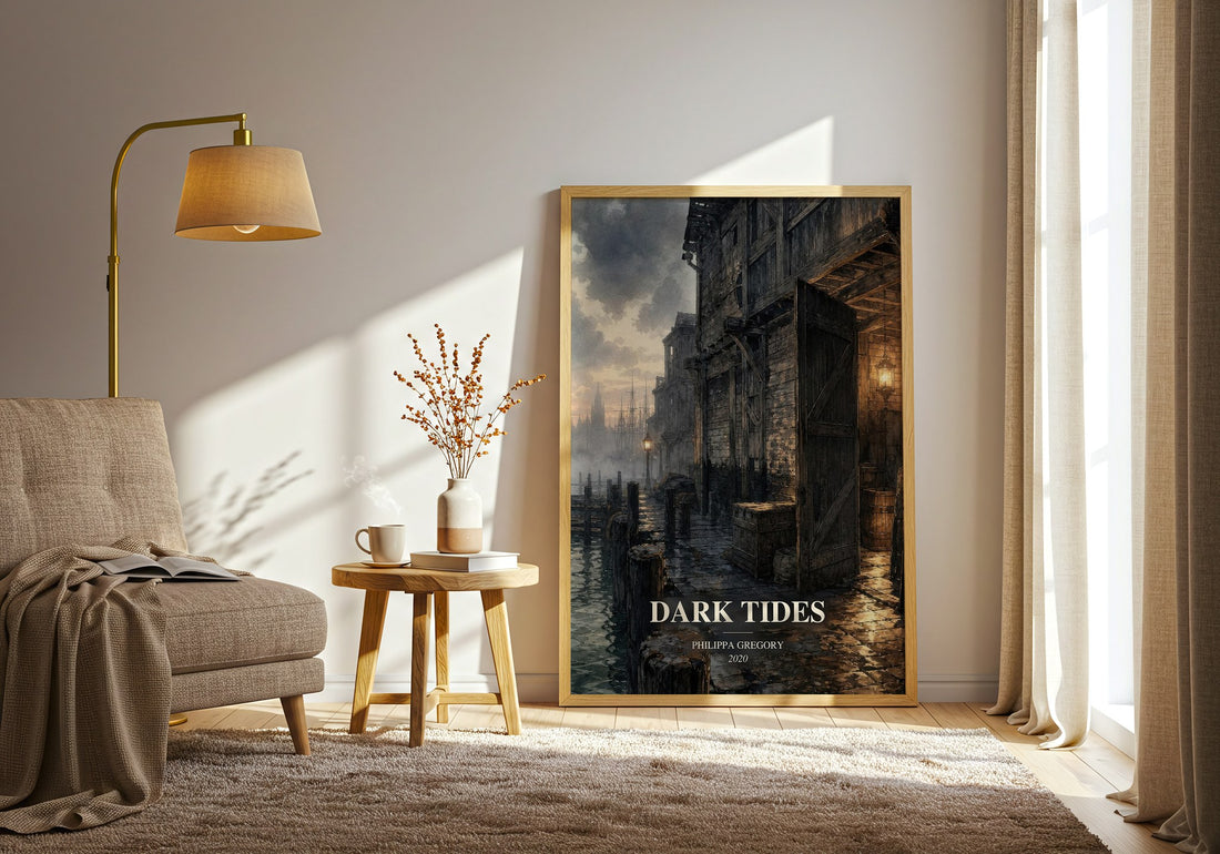 Dark Tides watercolour print in frame leaning in hallway – historical fiction wall art (mockup)