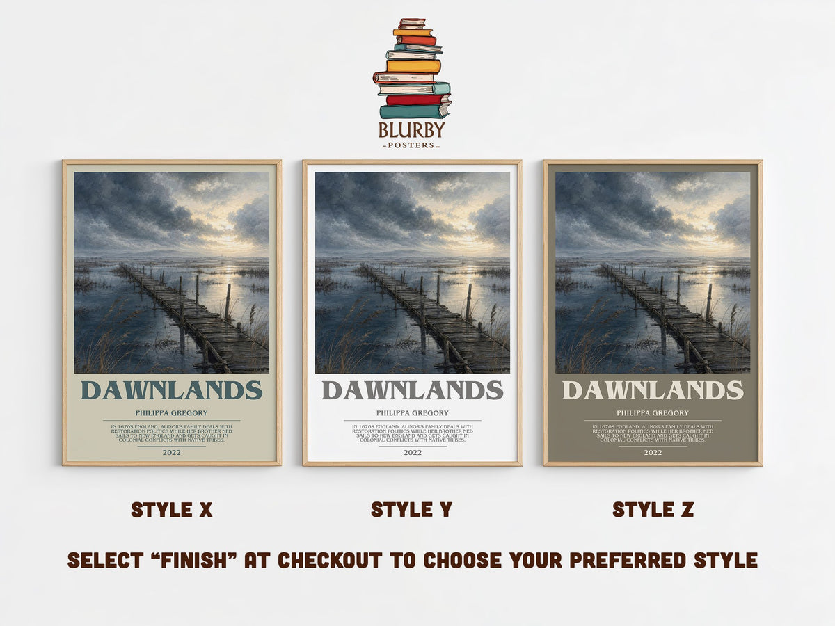 Dawnlands bookish print in frame leaning in hallway – historical fiction wall art (mockup)