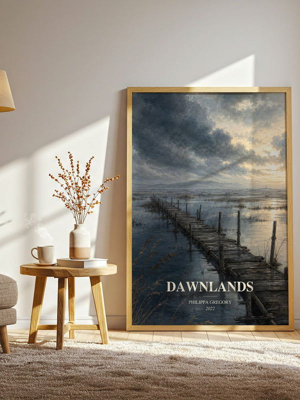 Dawnlands watercolour print in frame leaning in hallway – historical fiction wall art