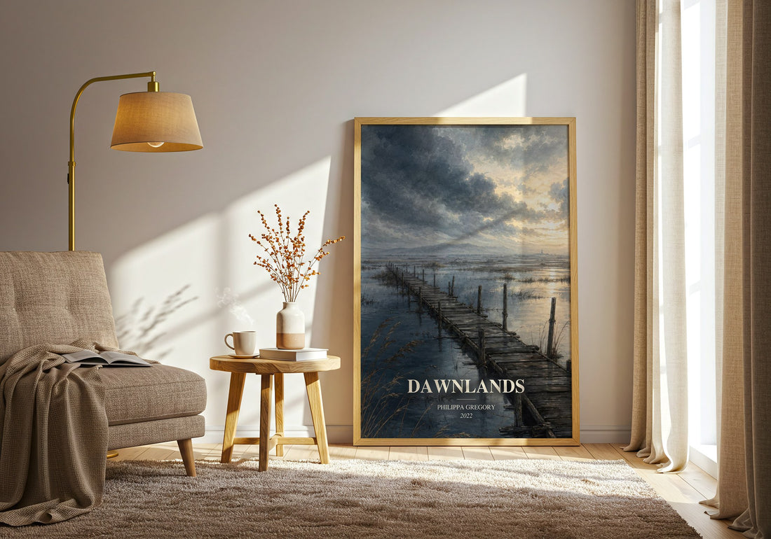 Dawnlands watercolour print in frame leaning in hallway – historical fiction wall art (mockup)