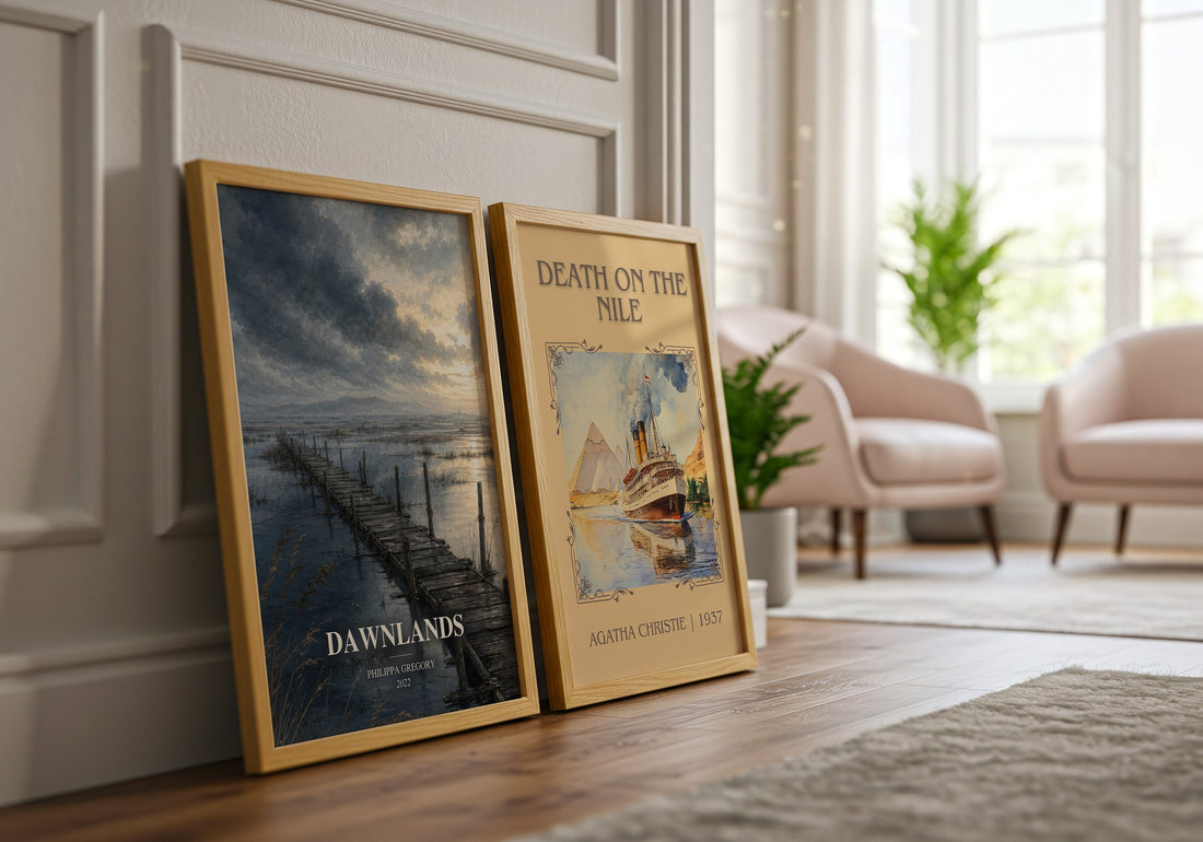 Dawnlands watercolour print framed by window – literary home decor