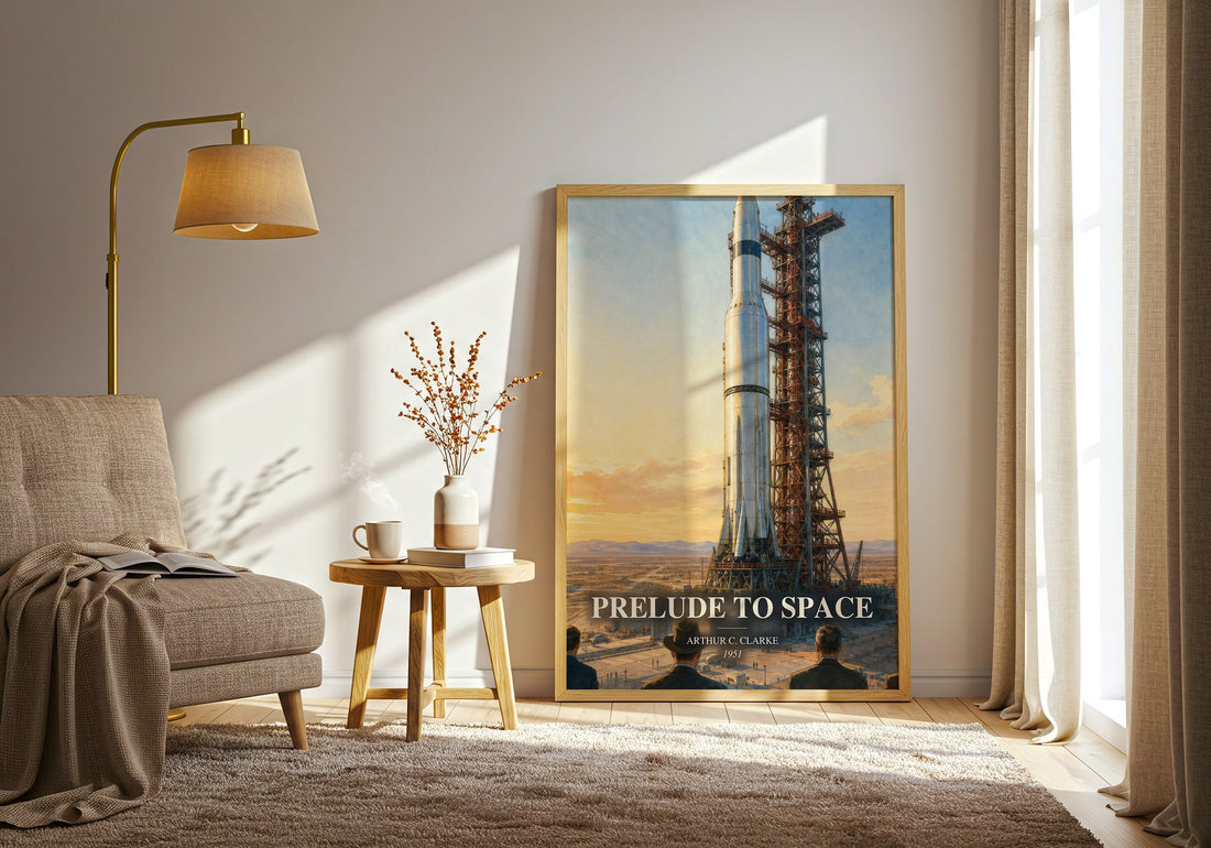 Prelude to Space watercolour print in frame leaning in hallway – sci fi wall art (mockup)