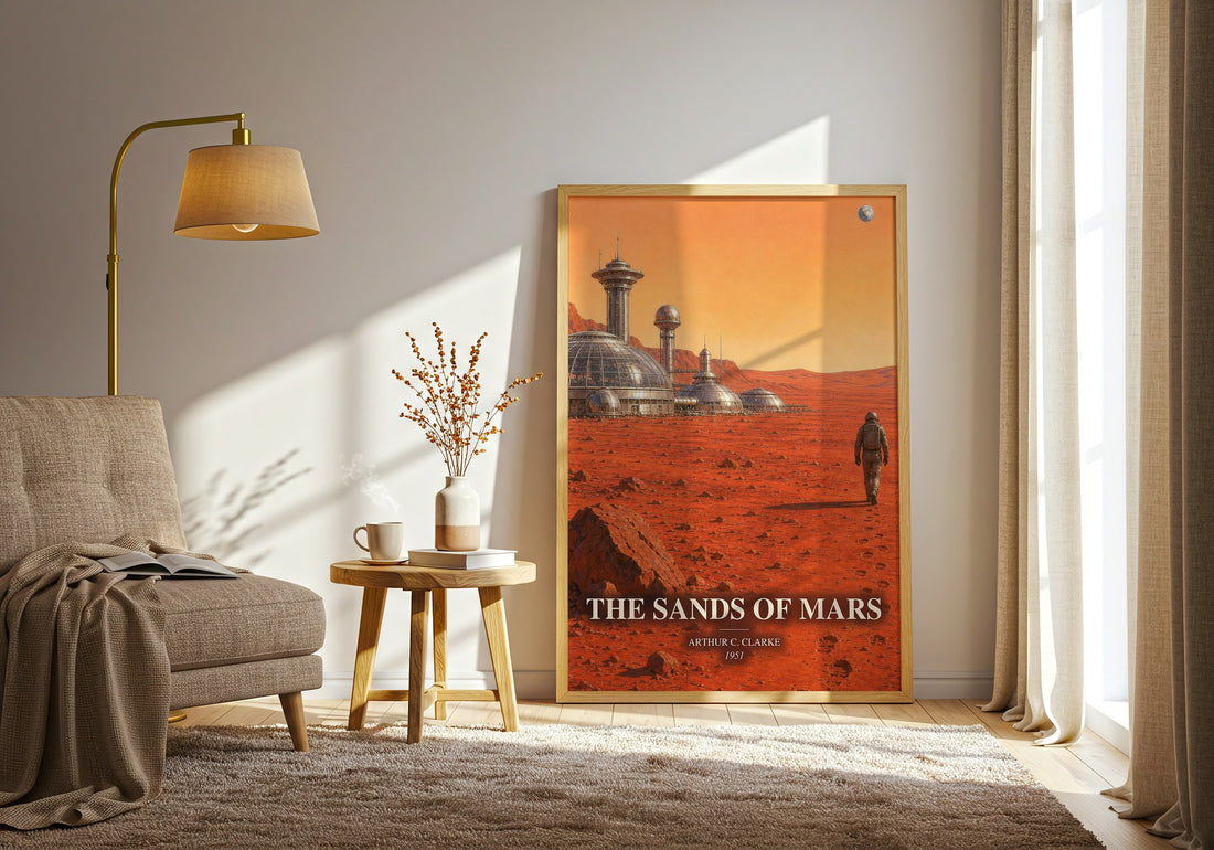 The Sands of Mars watercolour print in frame leaning in hallway – sci fi wall art (mockup)