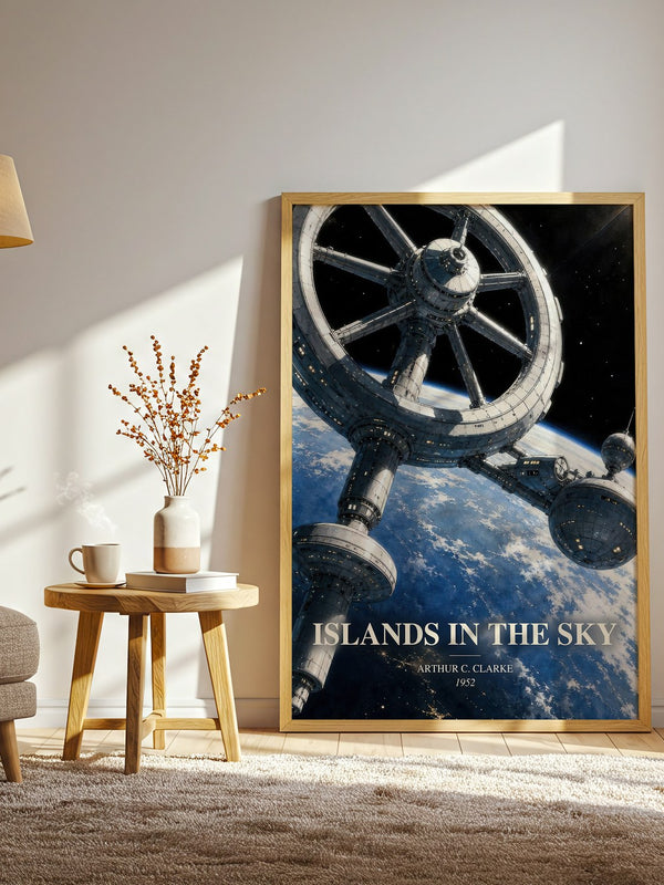 Islands in the Sky watercolour print in frame leaning in hallway – sci fi wall art