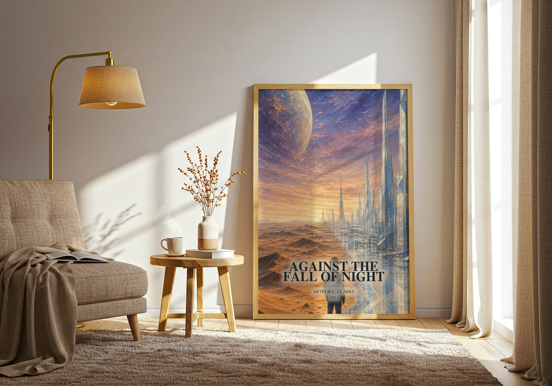 Against the Fall of Night watercolour print in frame leaning in hallway – sci fi wall art (mockup)