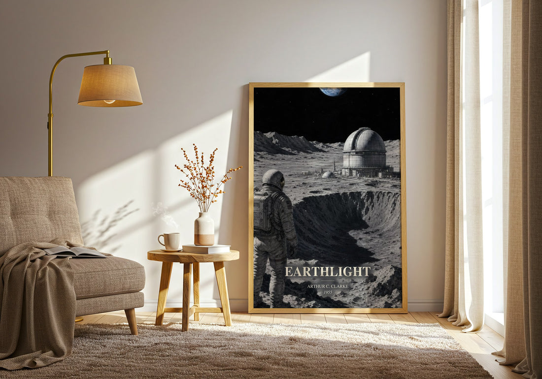 Earthlight watercolour print in frame leaning in hallway – sci fi wall art (mockup)