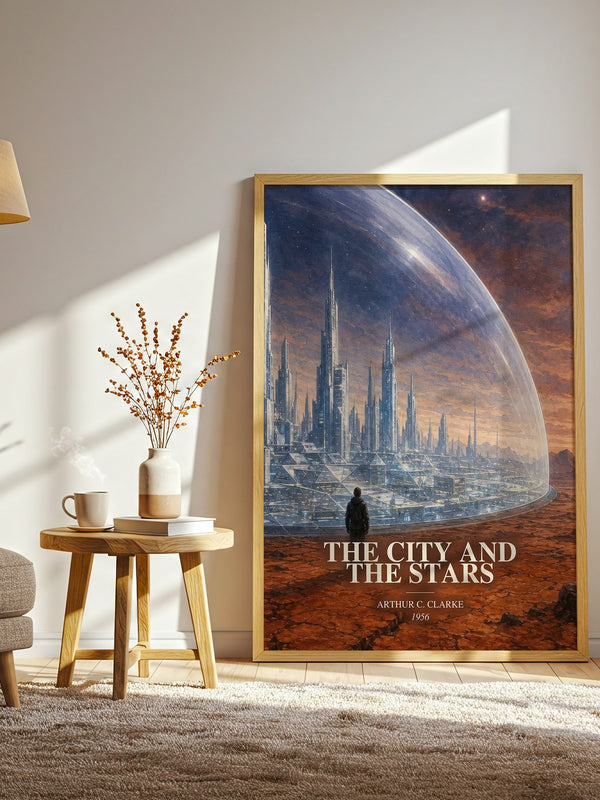 The City and the Stars watercolour print in frame leaning in hallway – sci fi wall art