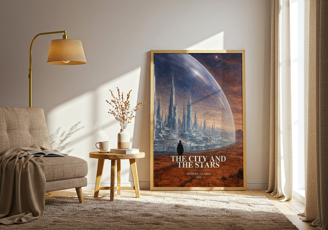 The City and the Stars watercolour print in frame leaning in hallway – sci fi wall art (mockup)