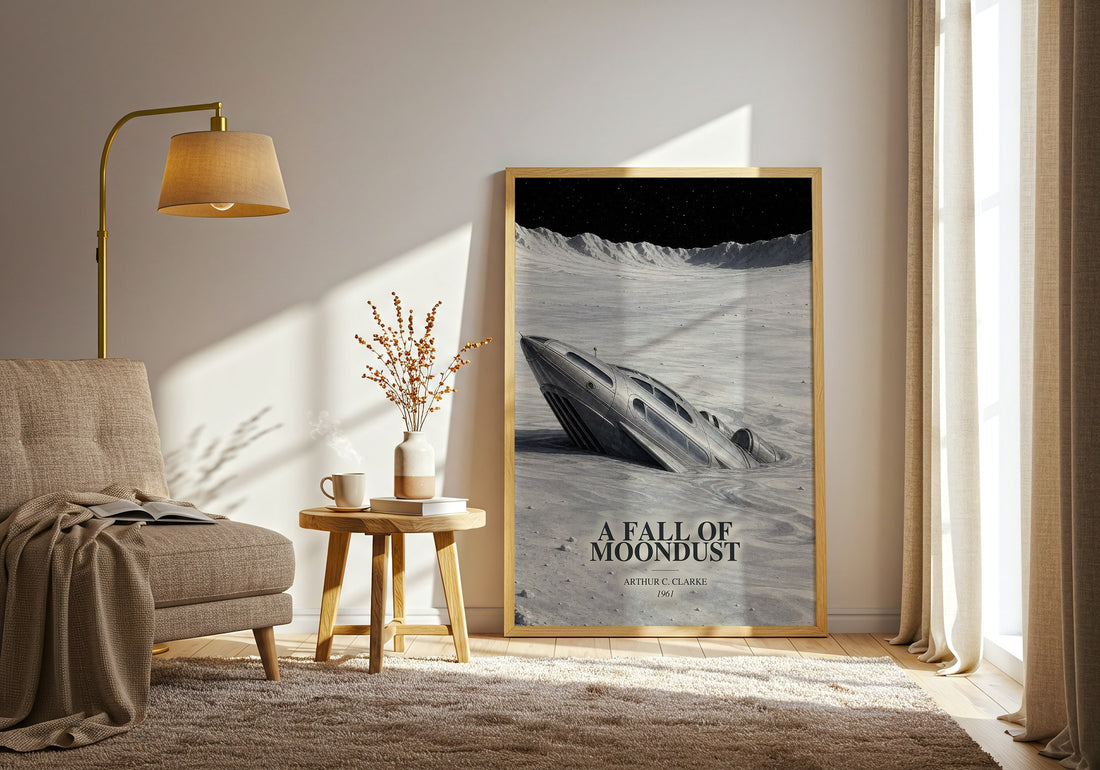 A Fall of Moondust watercolour print in frame leaning in hallway – sci fi wall art (mockup)