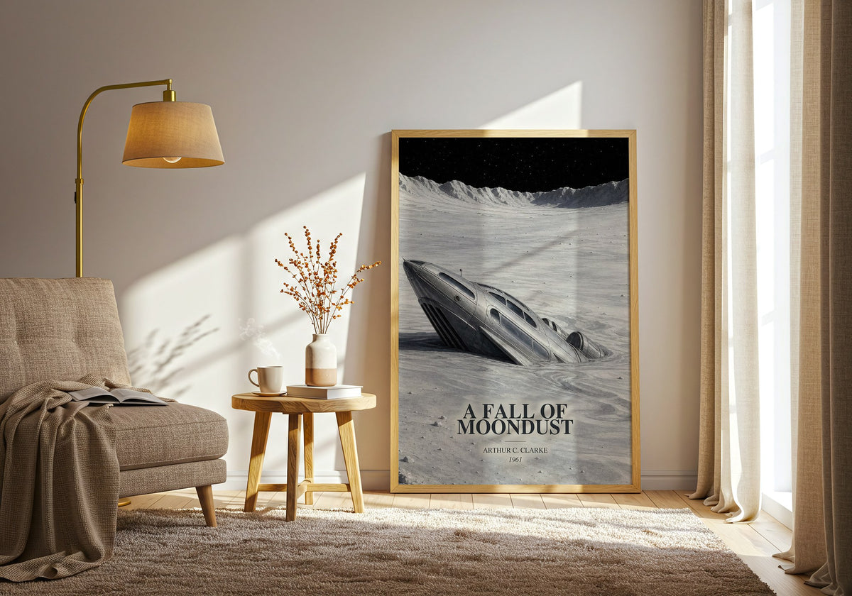 A Fall of Moondust watercolour print in frame leaning in hallway – sci fi wall art (mockup)