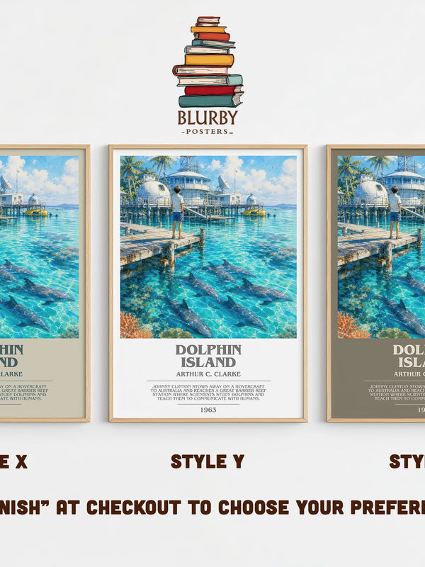 Dolphin Island bookish print in frame leaning in hallway – sci fi wall art