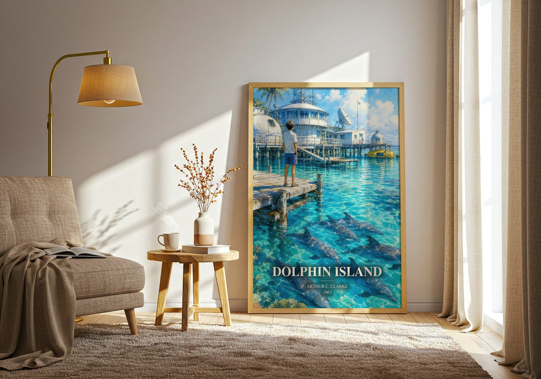 Dolphin Island watercolour print in frame leaning in hallway – sci fi wall art (mockup)