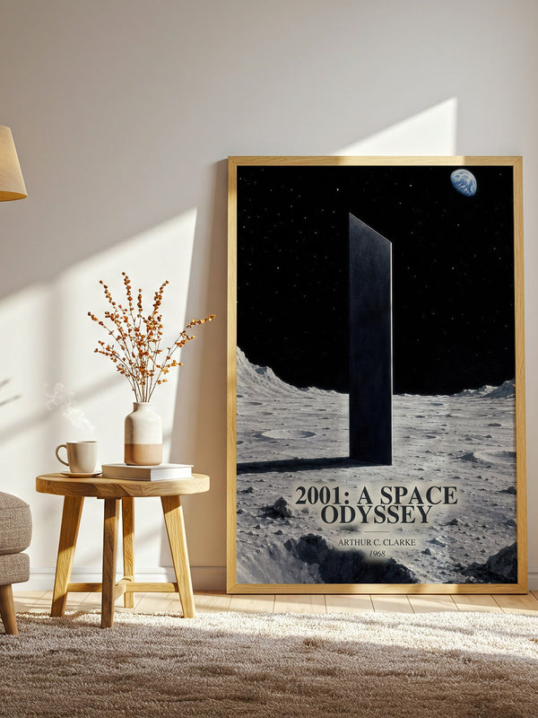 2001: A Space Odyssey watercolour print in frame leaning in hallway – sci fi wall art