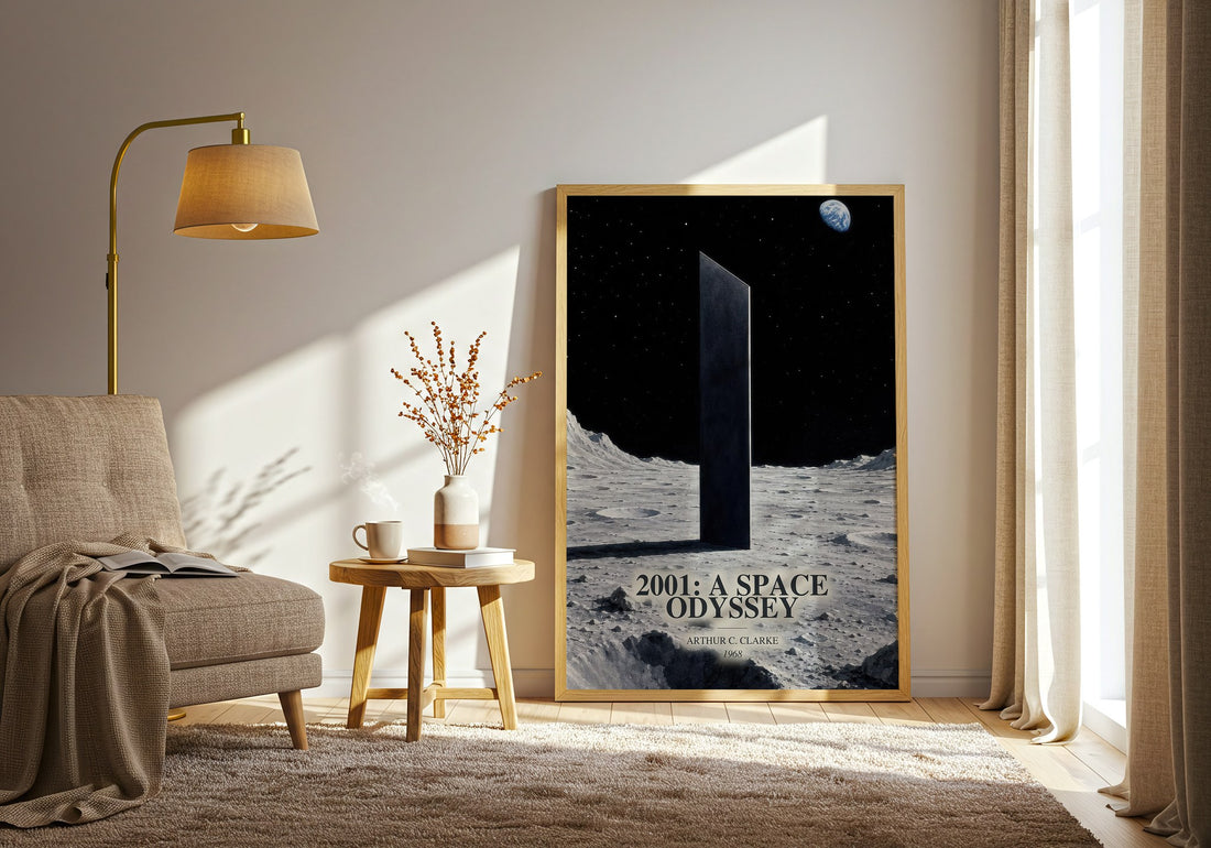2001: A Space Odyssey watercolour print in frame leaning in hallway – sci fi wall art (mockup)