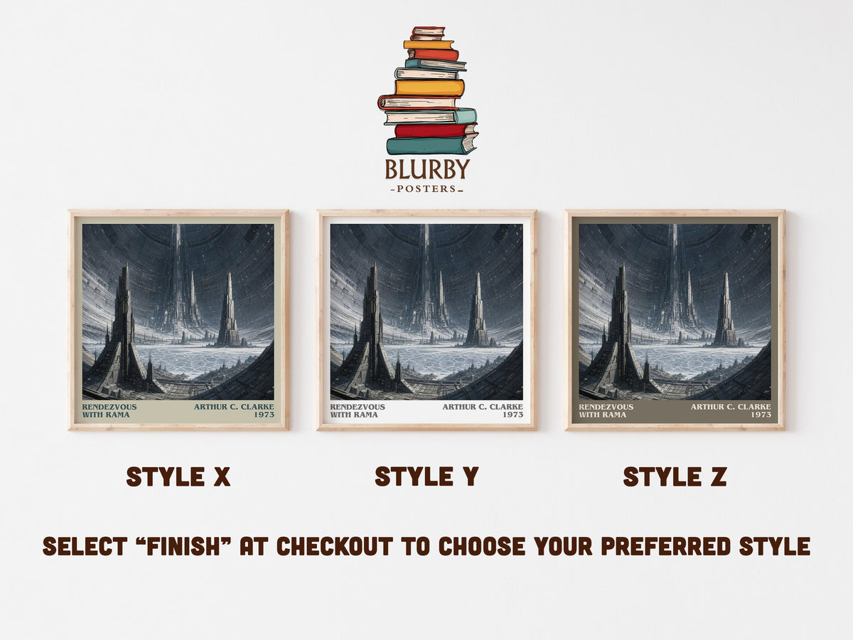 Rendezvous with Rama literary print in frame leaning in hallway – sci fi wall art (mockup)