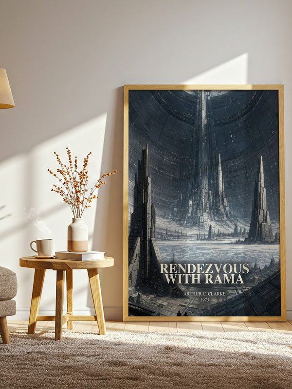 Rendezvous with Rama watercolour print in frame leaning in hallway – sci fi wall art