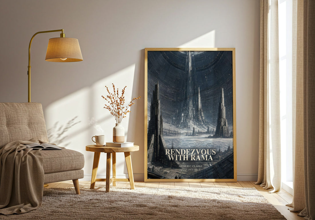 Rendezvous with Rama watercolour print in frame leaning in hallway – sci fi wall art (mockup)