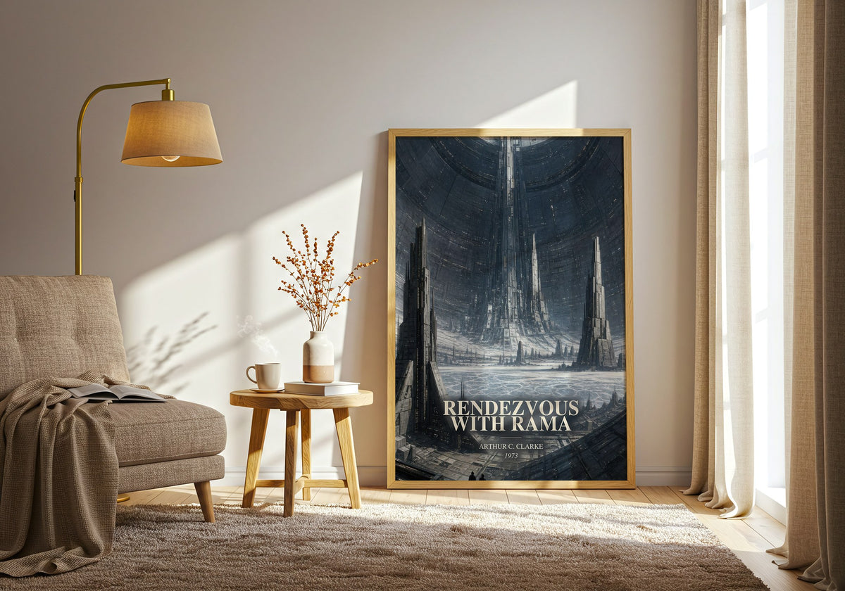 Rendezvous with Rama watercolour print in frame leaning in hallway – sci fi wall art (mockup)