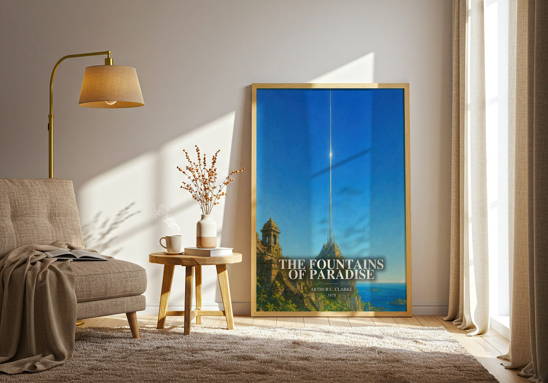 The Fountains of Paradise watercolour print in frame leaning in hallway – sci fi wall art (mockup)