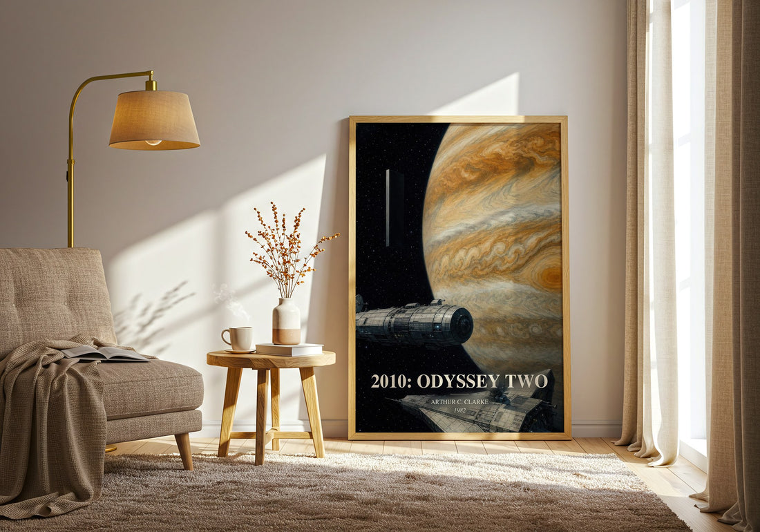 2010: Odyssey Two watercolour print in frame leaning in hallway – sci fi wall art (mockup)