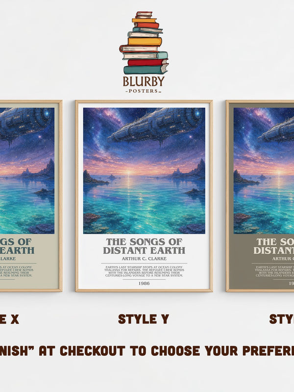 The Songs of Distant Earth bookish print in frame leaning in hallway – sci fi wall art
