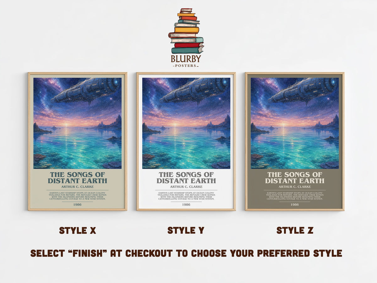 The Songs of Distant Earth bookish print in frame leaning in hallway – sci fi wall art (mockup)
