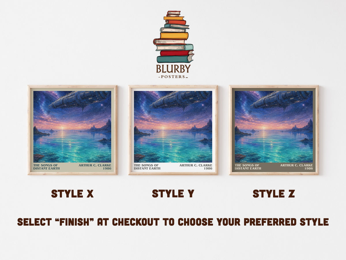 The Songs of Distant Earth literary print in frame leaning in hallway – sci fi wall art (mockup)