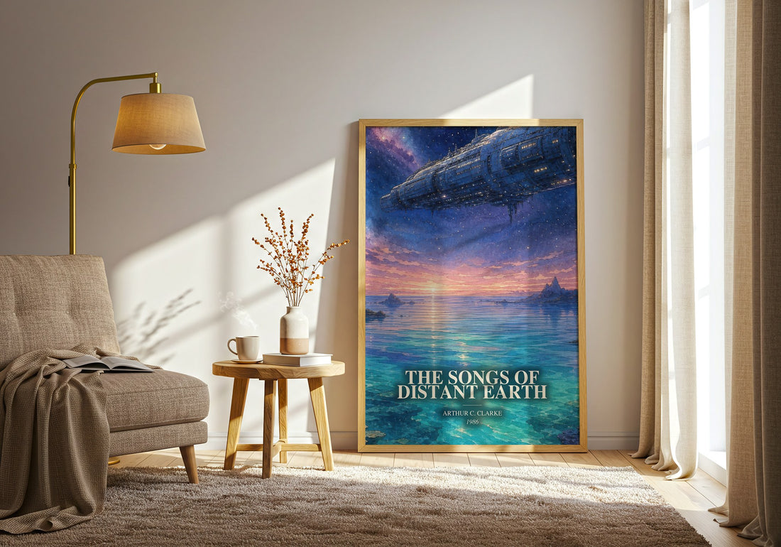 The Songs of Distant Earth watercolour print in frame leaning in hallway – sci fi wall art (mockup)