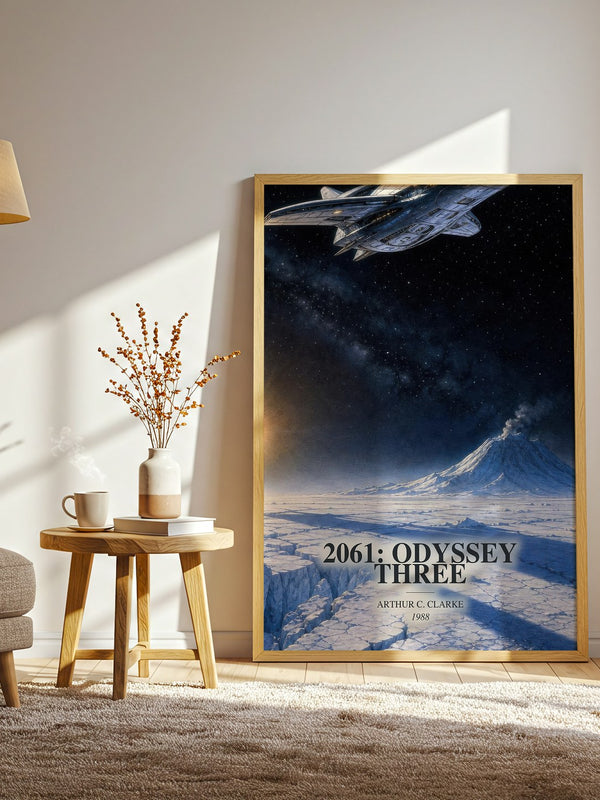2061: Odyssey Three watercolour print in frame leaning in hallway – sci fi wall art