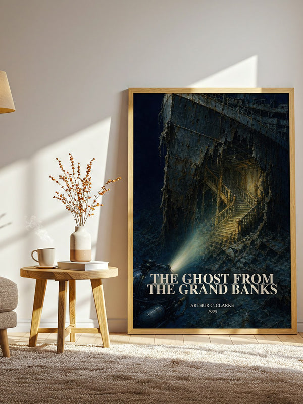 The Ghost from the Grand Banks watercolour print in frame leaning in hallway – sci fi wall art