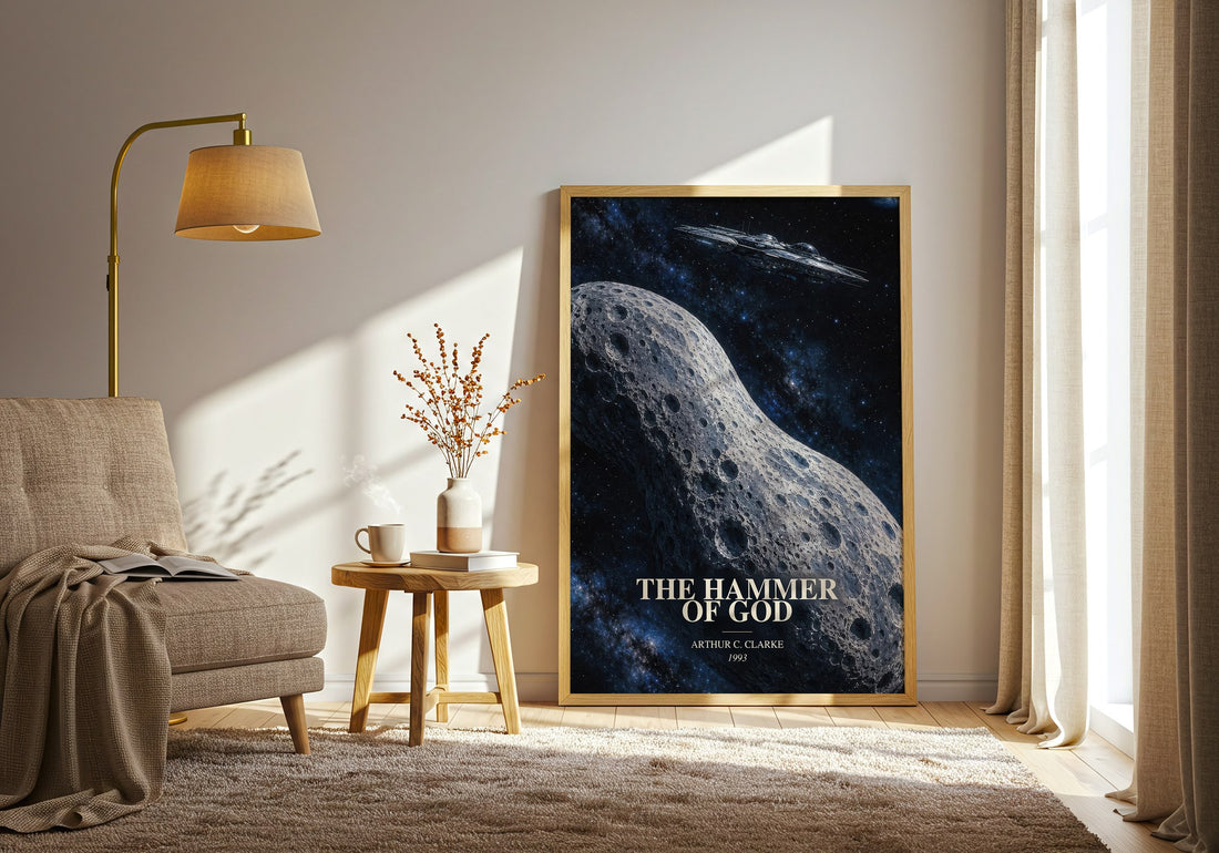 The Hammer of God watercolour print in frame leaning in hallway – sci fi wall art (mockup)