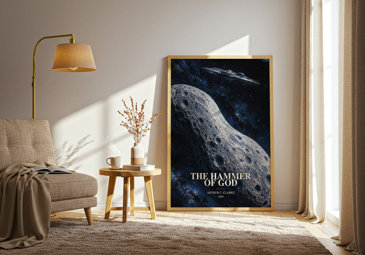 The Hammer of God watercolour print in frame leaning in hallway – sci fi wall art (mockup)