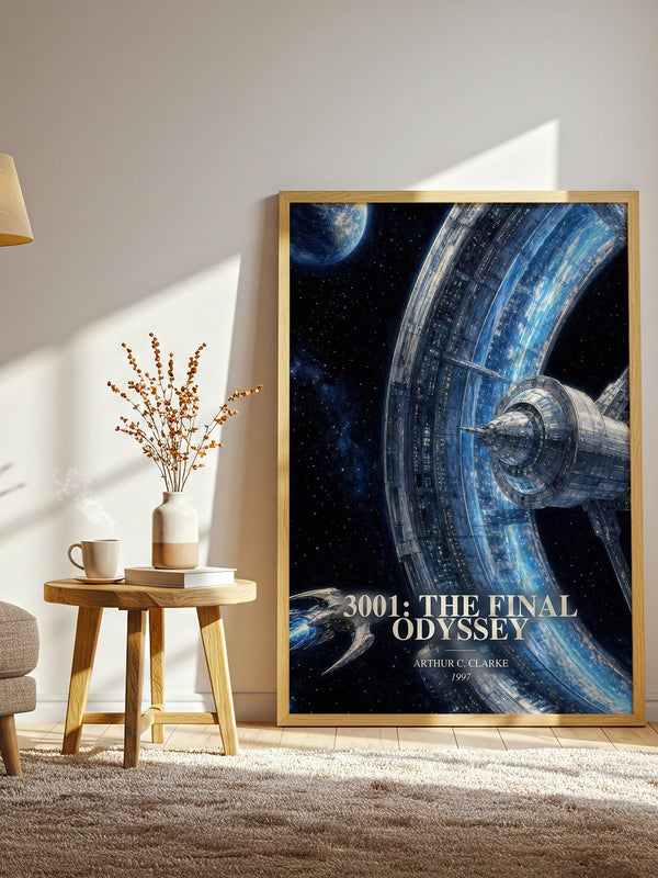 3001: The Final Odyssey watercolour print in frame leaning in hallway – sci fi wall art