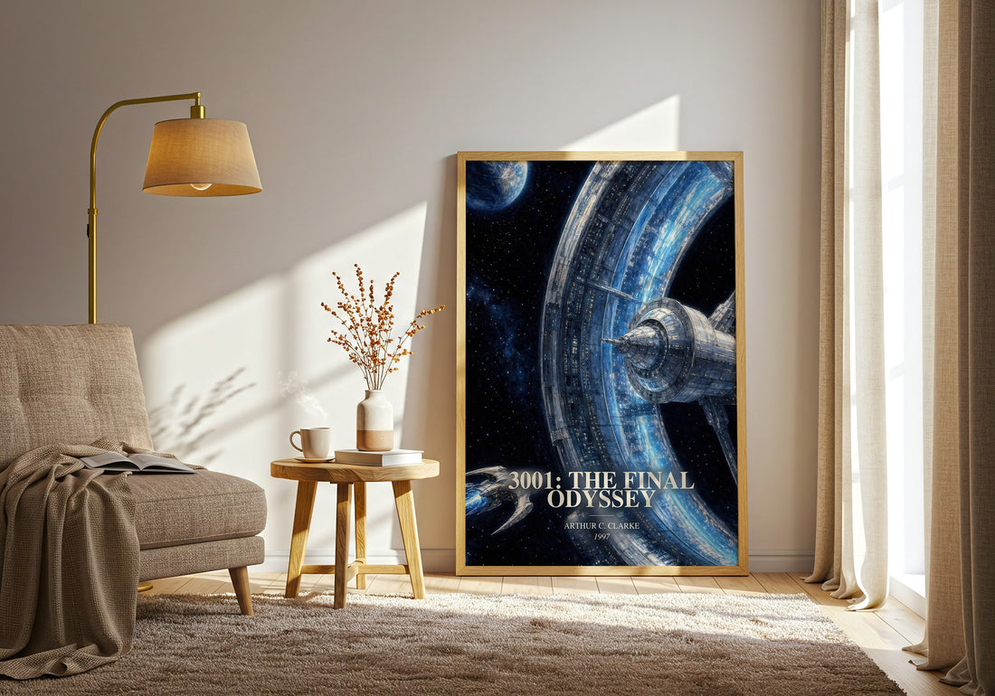 3001: The Final Odyssey watercolour print in frame leaning in hallway – sci fi wall art (mockup)