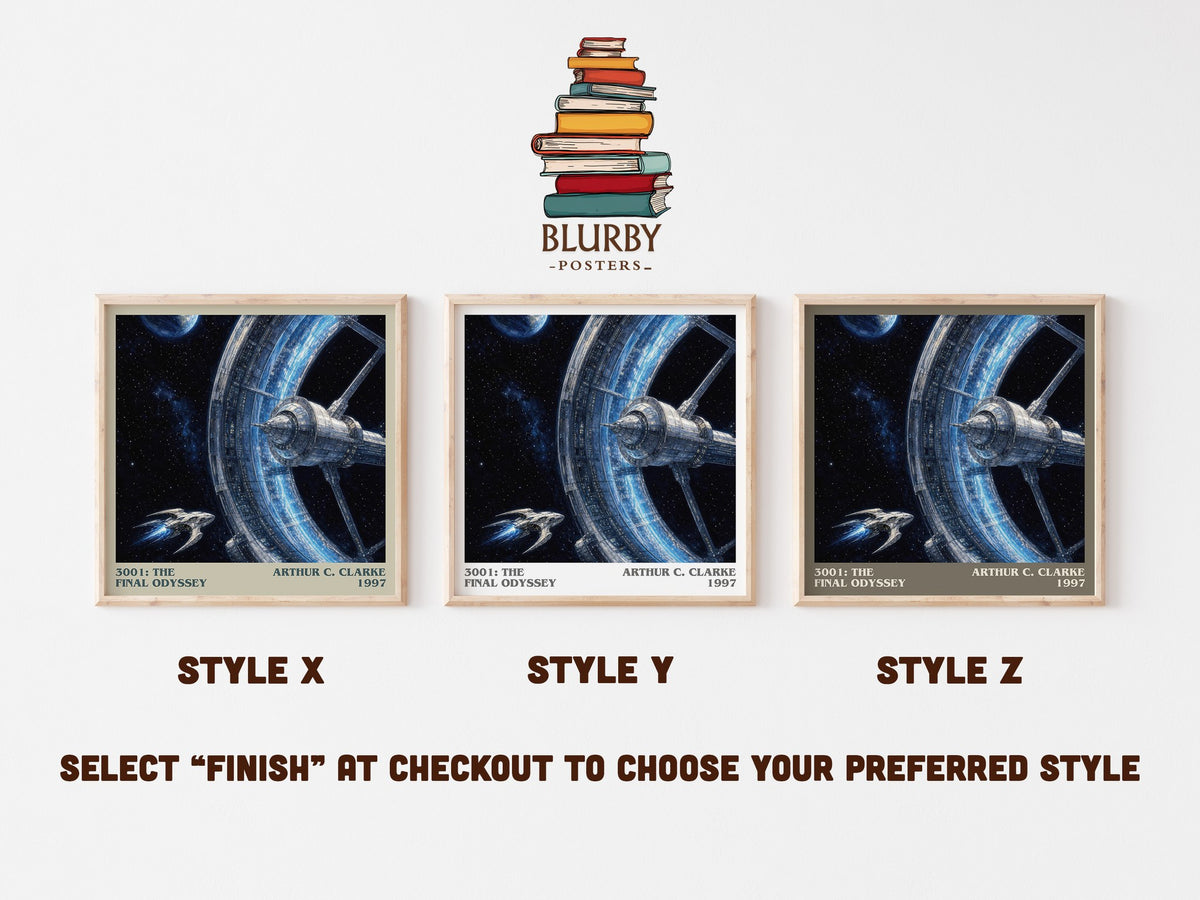 3001: The Final Odyssey literary print in frame leaning in hallway – sci fi wall art (mockup)