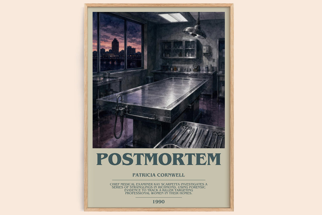 Postmortem bookish book poster by Patricia Cornwell – framed literary art print