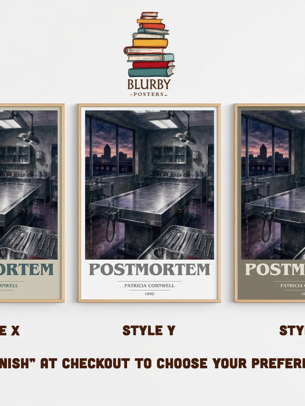Postmortem book cover print in frame leaning in hallway – crime wall art