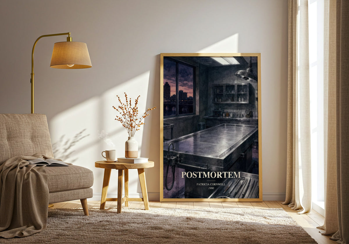Postmortem watercolour print in frame leaning in hallway – crime wall art (mockup)