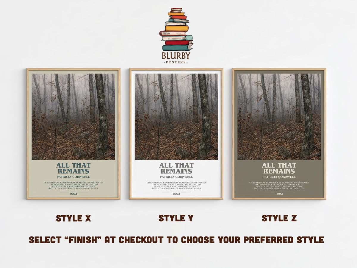 All That Remains bookish print in frame leaning in hallway – crime wall art (mockup)