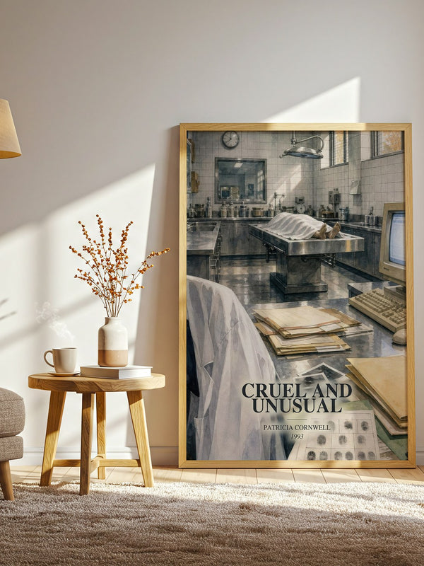 Cruel and Unusual watercolour print in frame leaning in hallway – crime wall art