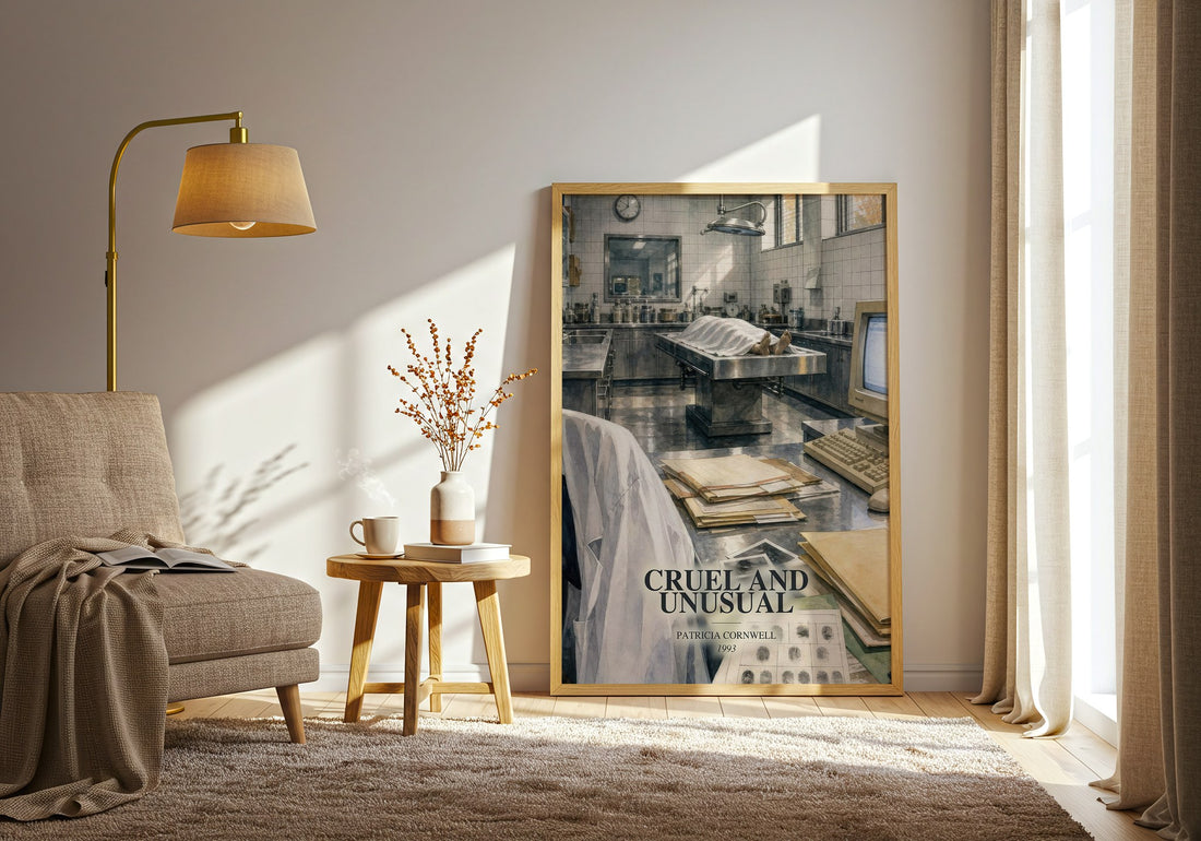 Cruel and Unusual watercolour print in frame leaning in hallway – crime wall art