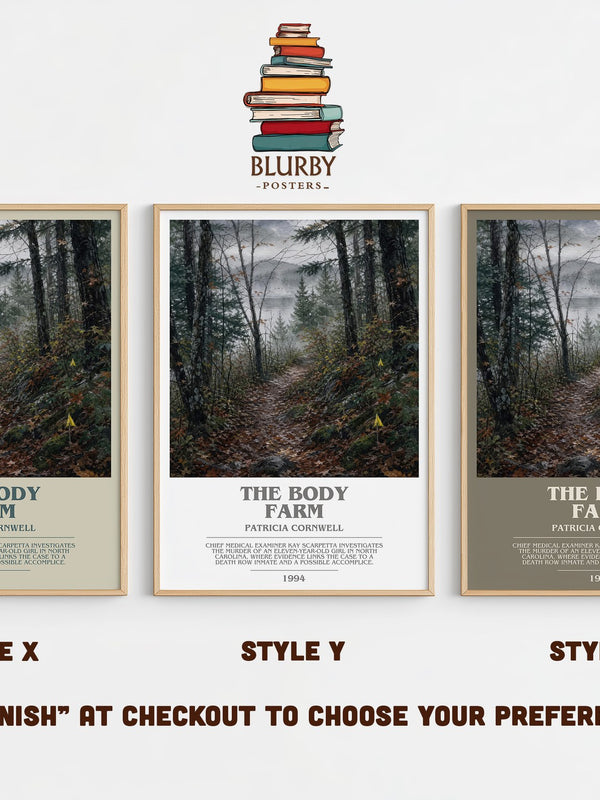 The Body Farm bookish print in frame leaning in hallway – crime wall art