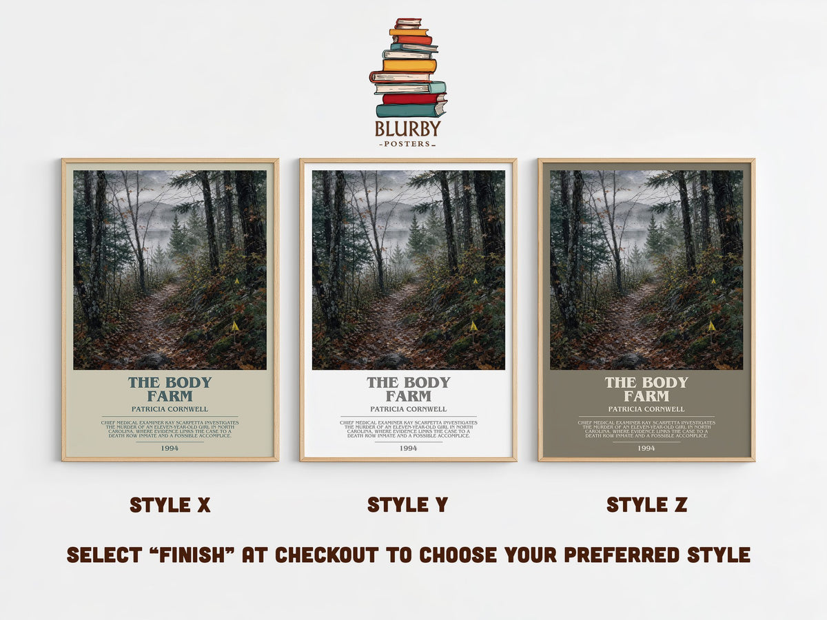 The Body Farm bookish print in frame leaning in hallway – crime wall art (mockup)