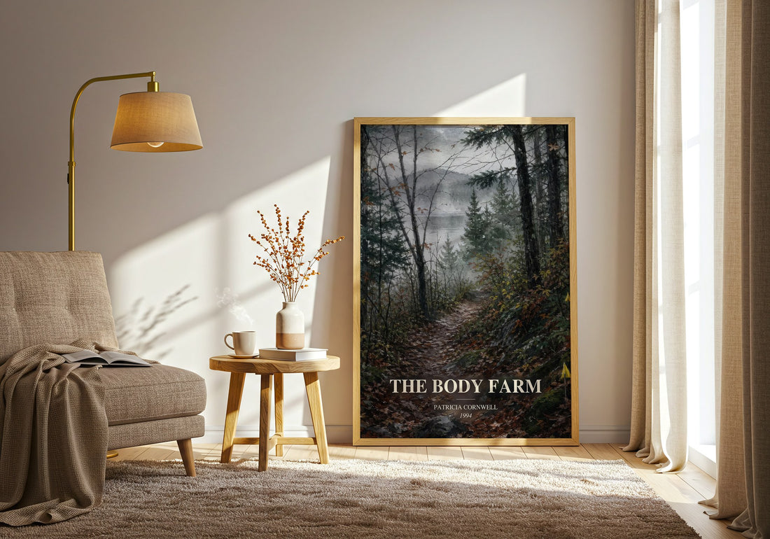 The Body Farm watercolour print in frame leaning in hallway – crime wall art