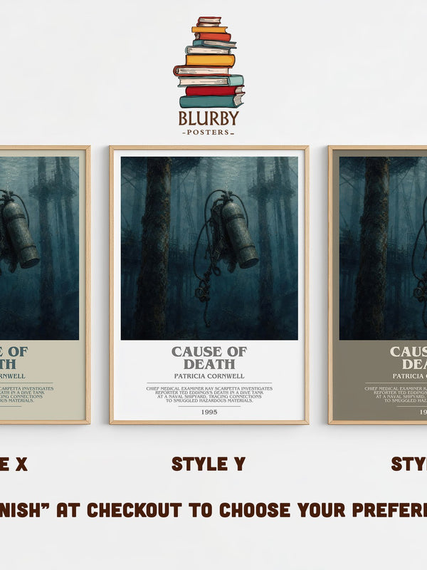 Cause of Death bookish print in frame leaning in hallway – crime wall art