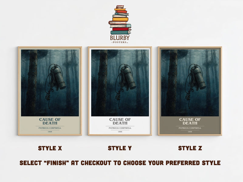 Cause of Death book cover print in frame leaning in hallway – crime wall art