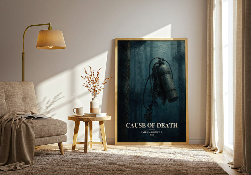 Cause of Death watercolour print in frame leaning in hallway – crime wall art