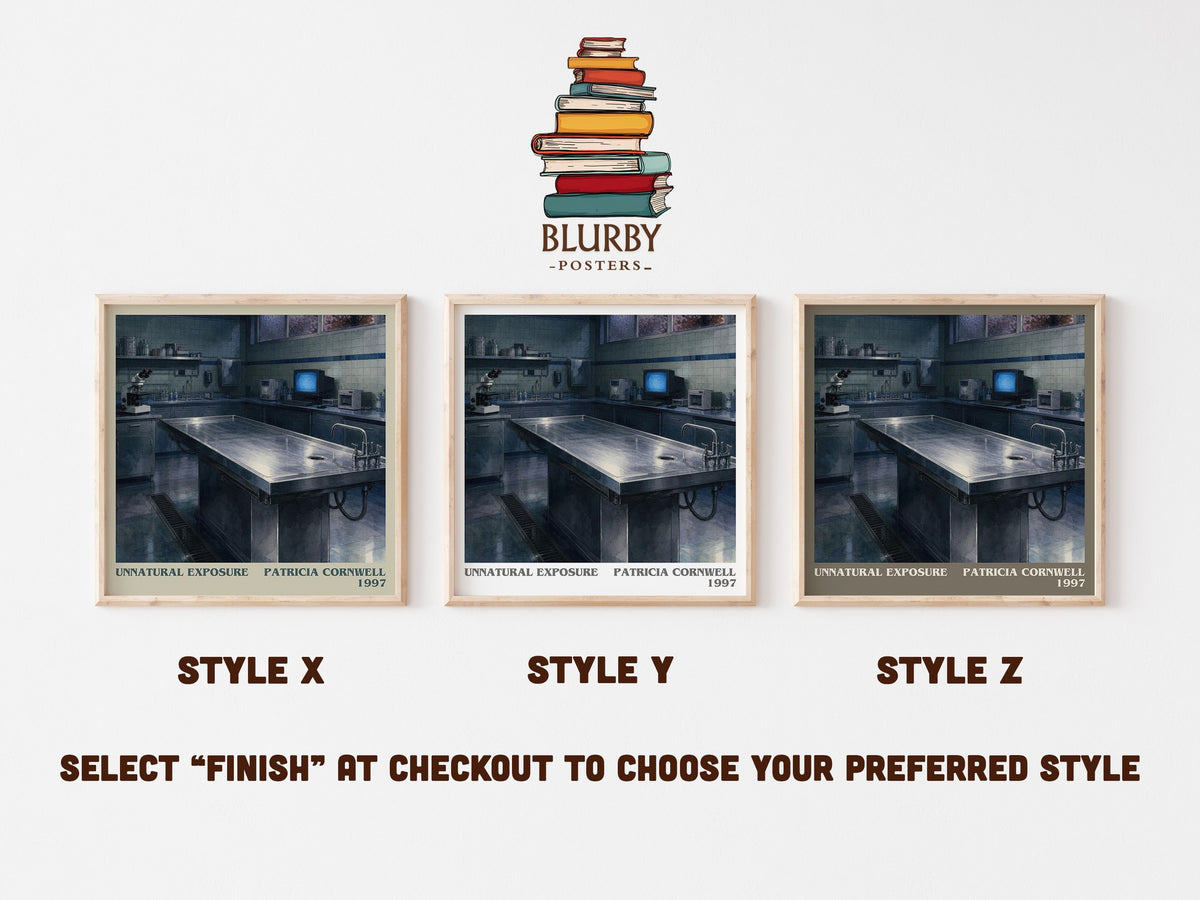 Unnatural Exposure literary print in frame leaning in hallway – crime wall art (mockup)